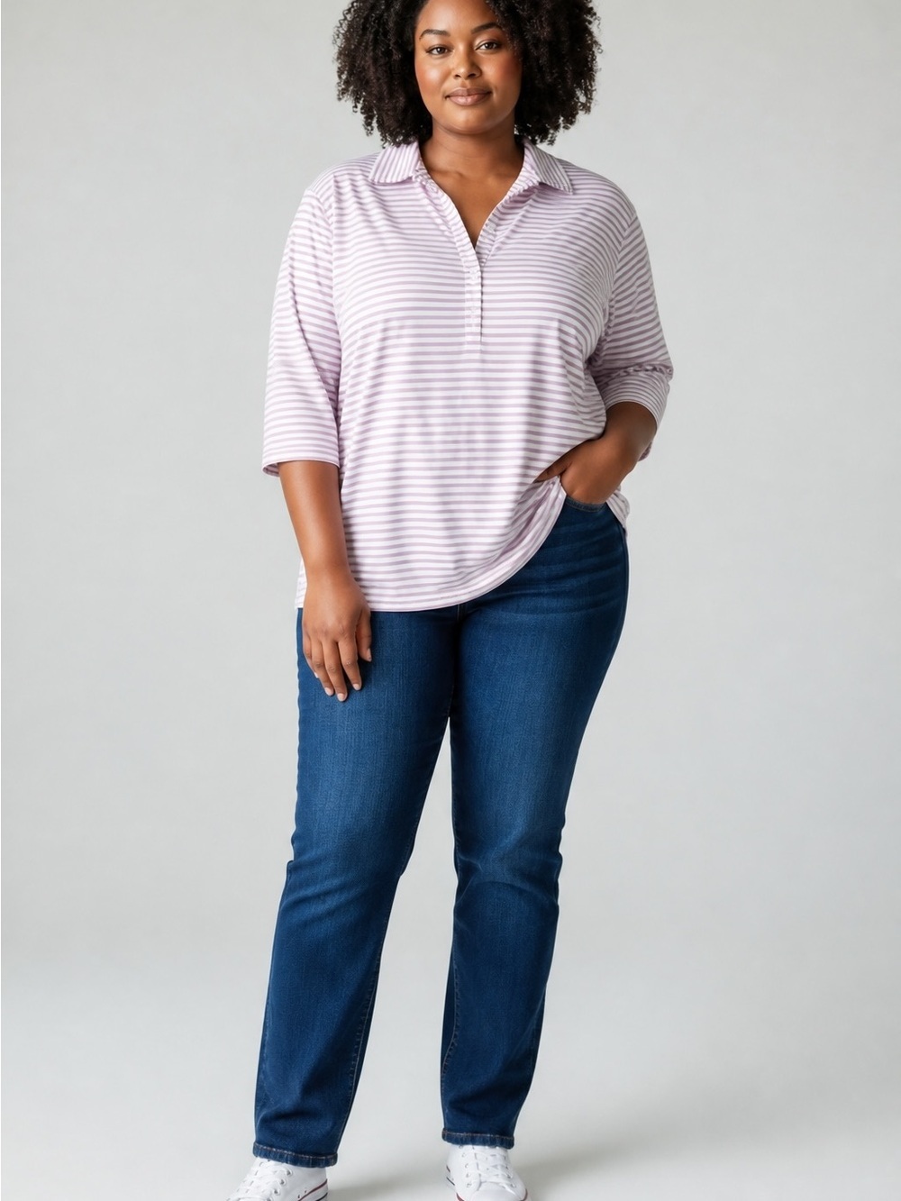 Lands' End Lavender and White Striped Polo-Style Women's Top